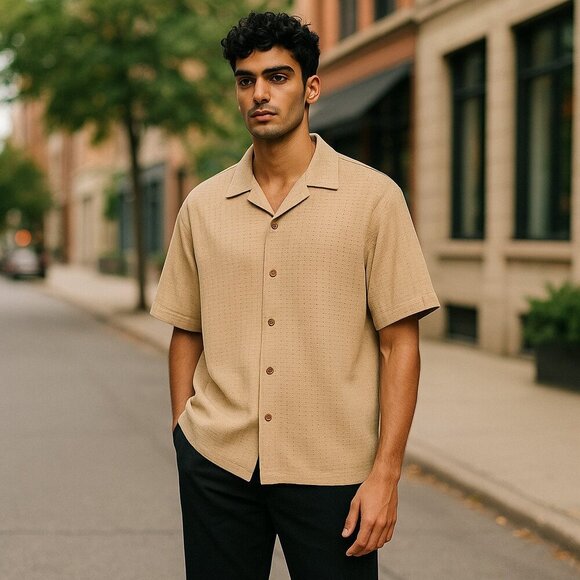 NWT BEN SHERMAN SZ L Seersucker 100% Cotton Knit Short Sleeve Button Down Shirt - Picture 1 of 11